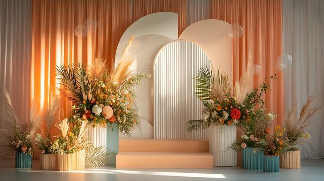 Elegant and modern geometric wedding arch backdrop with lush floral arrangements creating an and luxurious setting for a wedding ceremony or event