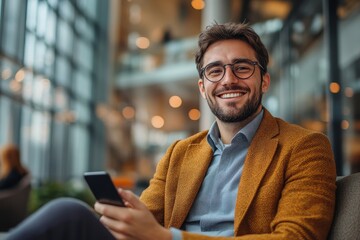 smiling young businessman talking with his smartphone sitting on bank in hall office building during his work day. business concept, Generative AI