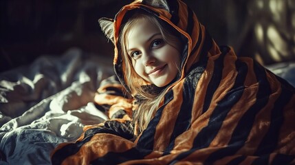 A young girl wearing a tiger-striped blanket smiles playfully at the camera.