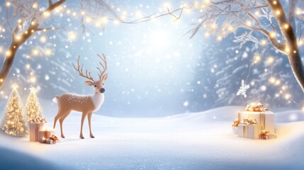 Whimsical Christmas postcard featuring a snowy winter scene, complete with reindeer, twinkling lights, and space for personalized greetings.