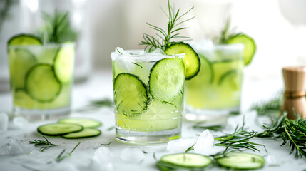 Refreshing Cucumber Drinks Garnished With Herbs in Clear Glasses on a Bright Countertop