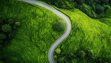 Aerial View of Winding Road Through Lush Green Tea Plantation
