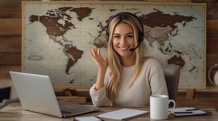 Smiling travel agent wearing headset working remotely from home office
