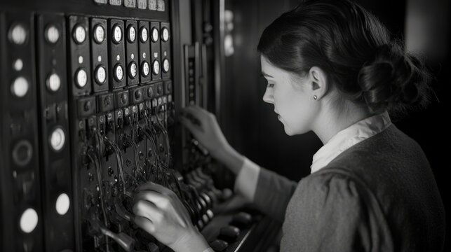 The woman is intently adjusting various levers and knobs on intricate control panels, showcasing her role in a historical workspace from the early 1900s