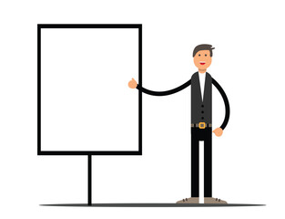 Flat Style Businessman Showing Presentation Copy Space. Business ideas and discussion of a project at work vector