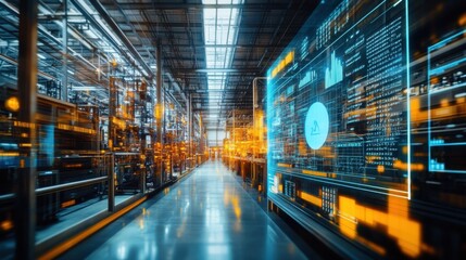 Obraz premium Modern Smart Factory with Digital Screens Displaying Real-Time Data