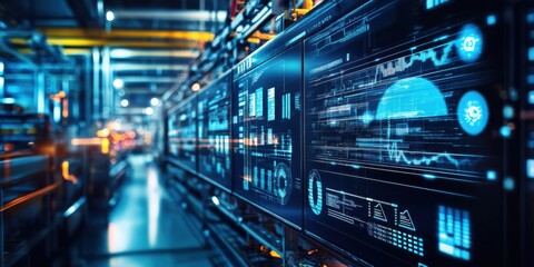 Fototapeta premium Modern Smart Factory with Digital Screens Displaying Real-Time Data