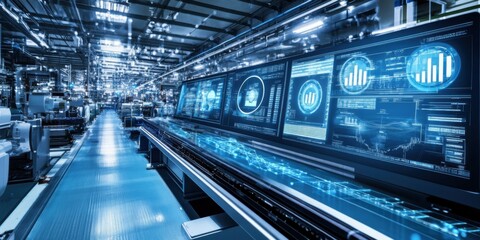 Modern Smart Factory with Digital Screens Displaying Real-Time Data