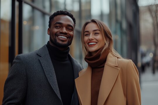 Cheerful multiethnic coworker on street Young smiling diverse woman and man in elegant clothes smiling cheerfully while chatting and walking together against contemporary city, Generative AI