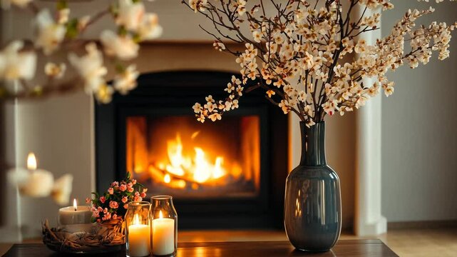Cozy Fireplace with Candles, Flowers, and a Wooden Table