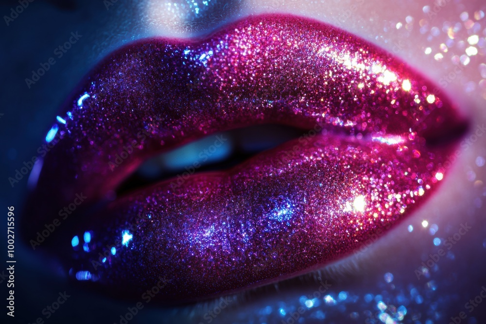 Poster close-up of glossy lips with vibrant, shiny finish illuminated in a rich color palette showcasing a 