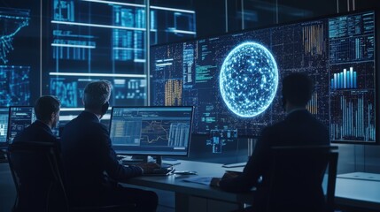 Team of Engineers Analyzing Data on Screens with AI Predictions in a Control Room