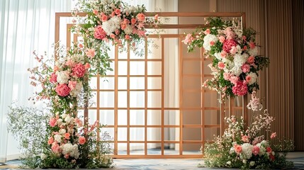 Naklejka premium Elegant wooden arch backdrop adorned with lush floral arrangements of vibrant roses peonies and greenery creating a beautiful and enchanting setting for event photography and