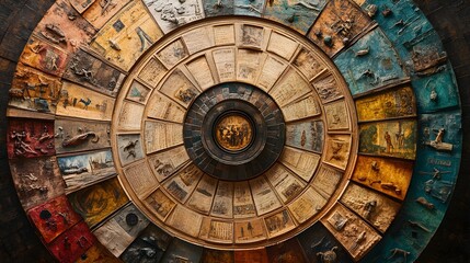 Obraz premium A circular timeline divided into sections by era, with historical events such as discoveries, conflicts, and cultural shifts looping in and out, symbolizing repetition and renewal. 3D rendering