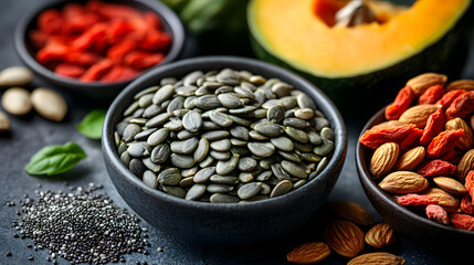 Naklejka premium Pumpkin Seeds with Superfoods: A Nutritional Powerhouse