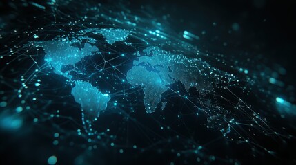 A detailed representation of a world map illuminated in digital blue tones, showcasing interconnected networks, Ideal for technology, communication, and global connectivity themes,
