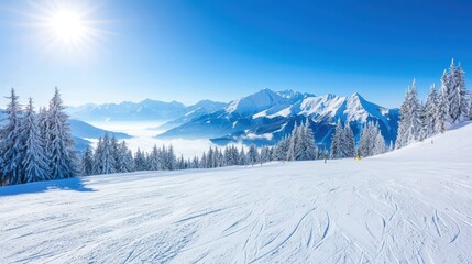 Stunning winter landscape with skiers on a snowy mountain