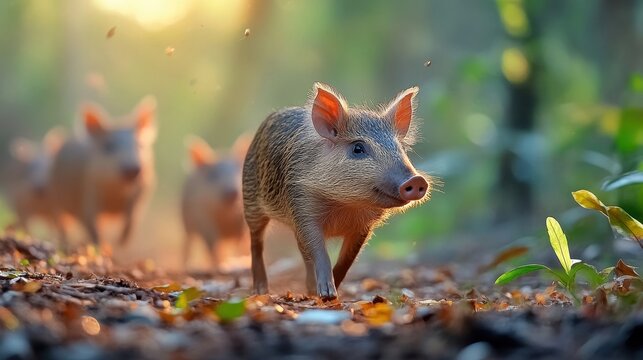 A pack of wild peccaries roaming the forest floor, scattered leaves and dirt around them