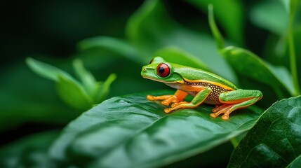 Naklejka premium A red-eyed tree frog camouflaged against a large green leaf