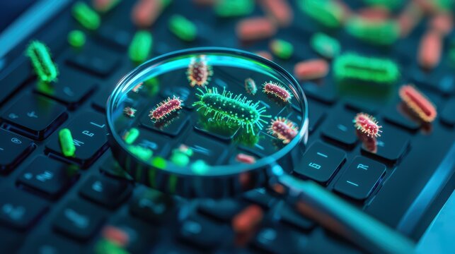 Magnified view of bacteria on a computer keyboard