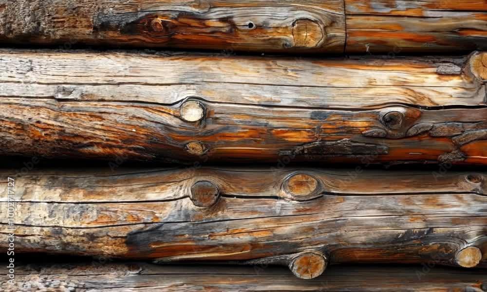 Wall mural stack of wood logs with a lot of knots and a rough texture. the wood appears to be aged and weathere