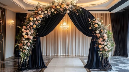 Luxurious floral arch backdrop with lush flower arrangement and drapery creating a personalized and high end look for an elegant event or