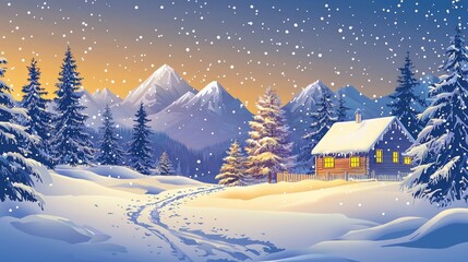 Fototapeta premium Winter landscape with snow-covered trees and mountains at sunset