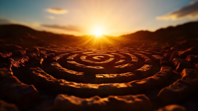 A complex circular stone maze in a desert landscape, with shadows highlighting the depth of the paths, and a shining sun directly above the center, symbolizing the quest for understanding.