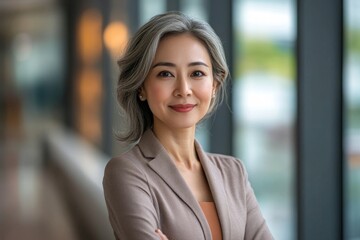 Naklejka premium Successful asian senior businesswoman leader standing over modern office background, Generative AI