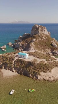 view of the coast of the sea , Agios Stefanos Kos by drone