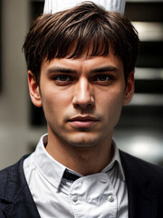 Obraz premium Experienced male chef with intense focus, embodying culinary expertise and passion in professional kitchen setting.