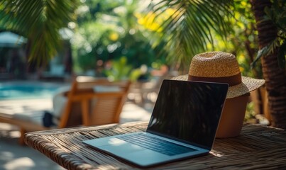 Obraz premium businessman's outdoor office or workspace while he traveling on his holiday, Generative AI