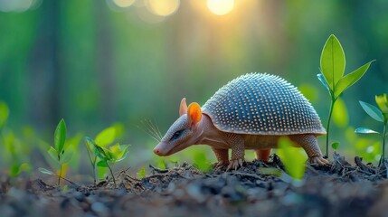 Obraz premium An armadillo scurrying across the Amazon jungle floor, leaves and roots in the background