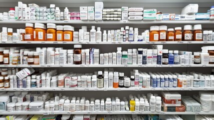 Organized Pharmacy Medication Shelves with Prescription Drugs OTC Products and Medical Supplies