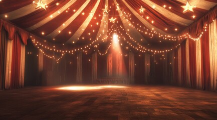 A vintage circus tent with red and white stripes, stars on the ceiling, and fairy lights hanging from it. 