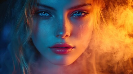 Fototapeta premium A close-up portrait featuring a woman's face illuminated by vibrant lighting and surrounded by colorful smoke, creating an ethereal atmosphere, Ideal for beauty campaigns, art projects