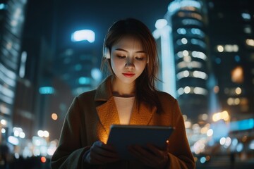 Fototapeta premium female banker using tablet and wireless earphones outdoors near his office background lights, portrait young woman professional manager working on touch pad near skyscraper in evening, Generative AI