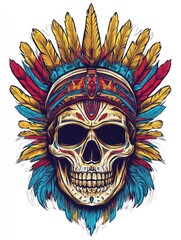 A colorful illustration of a skull wearing a headdress with feathers.