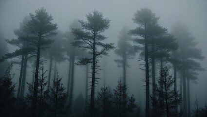  A moody, atmospheric photograph. Layout The image is composed vertically, with tall, slender trees dominating the scene