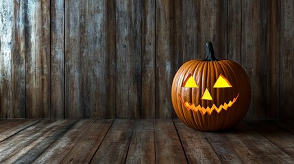 Obraz premium A carved pumpkin with a lit candle inside sits on a wooden floor in front of a wood panel wall.