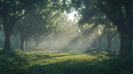 Obraz premium A misty woodland at dawn, with soft rays of sunlight barely filtering through the thick canopy