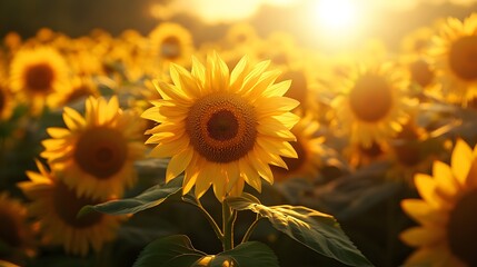 A detailed view of sunflowers in a circular field, illuminated by the gentle morning sun, each flower's face perfectly aligned with the rising sun. Realism, Nature, High-detail, Golden tones