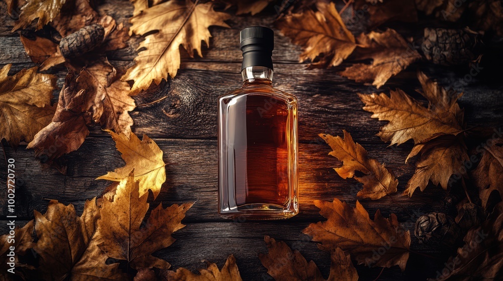 Poster a close-up of a whiskey bottle resting among autumn leaves on a rustic wooden surface in warm, natur