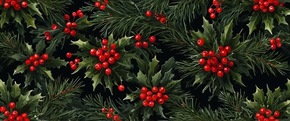 Christmas Holly Berries and Leaves on Black Background