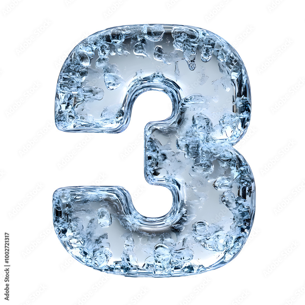Poster 3D Frozen Ice Number Three Symbol Isolated on White Background with Icy,Frosty Texture. Minimalist Conceptual Digit Design,Numerical Typography in Frozen Liquid Water Creative