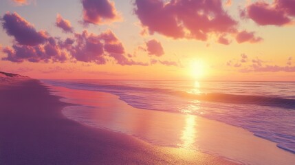Fototapeta premium A serene beach at sunset, the sky glowing with orange and purple
