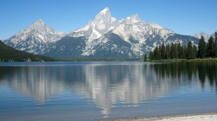 Fototapeta premium Serene Lake View with Stunning Reflections of Mountains