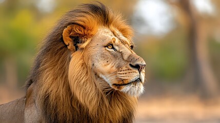 Majestic male lion with a regal mane gazing into the distance in warm sunlight.