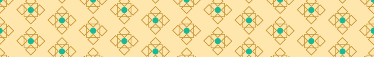 A repeating geometric pattern featuring diamond shapes in gold and teal on a light background, suitable for textiles or wallpaper.