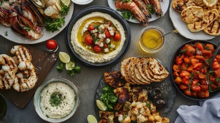 A variety of Greek meze platters on a stone table, including hummus, roasted vegetables, and grilled seafood, perfect for sharing.